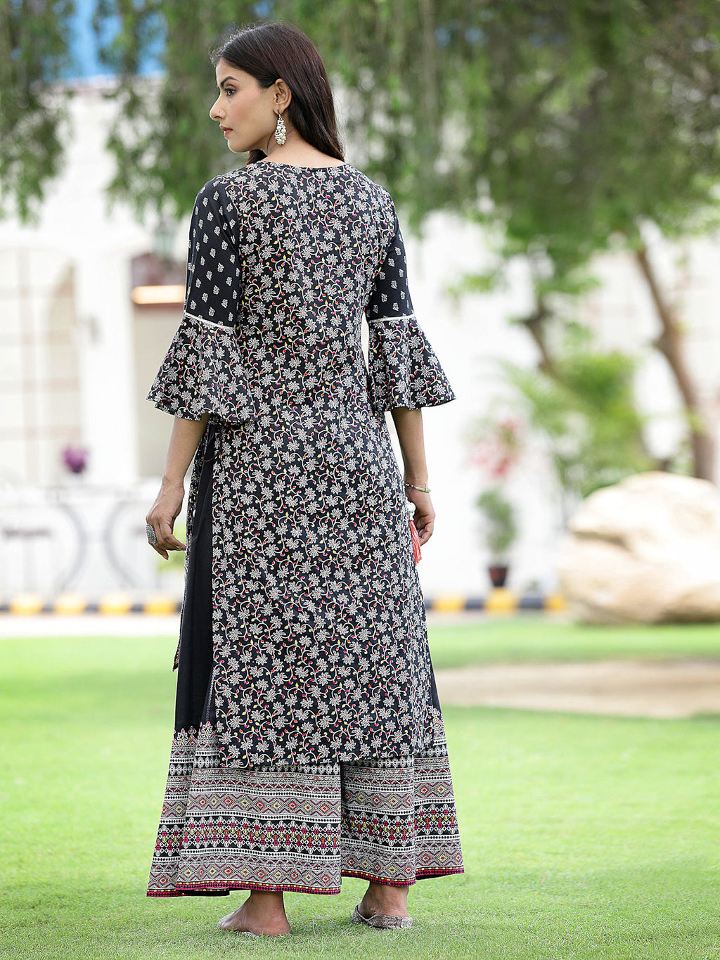 Juniper Womens Black Cambric Multicolor Placement Printed Kurta Palazzo Set - Distacart