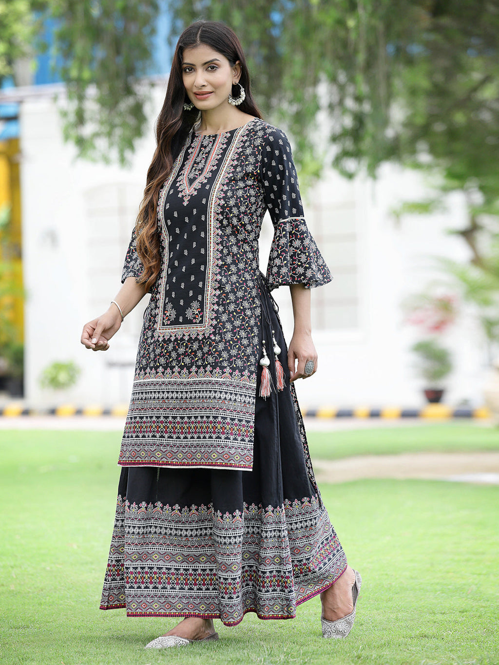 Juniper Womens Black Cambric Multicolor Placement Printed Kurta Palazzo Set - Distacart