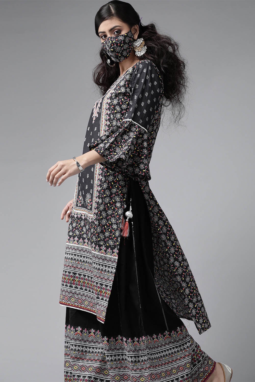 Juniper Women's Black Cambric Printed High-Low Kurta Sets - Distacart