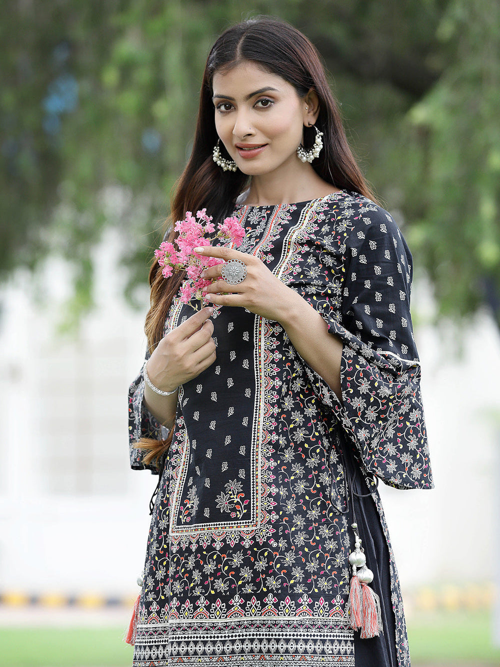Juniper Women's Black Cambric Printed High-Low Kurta Sets - Distacart