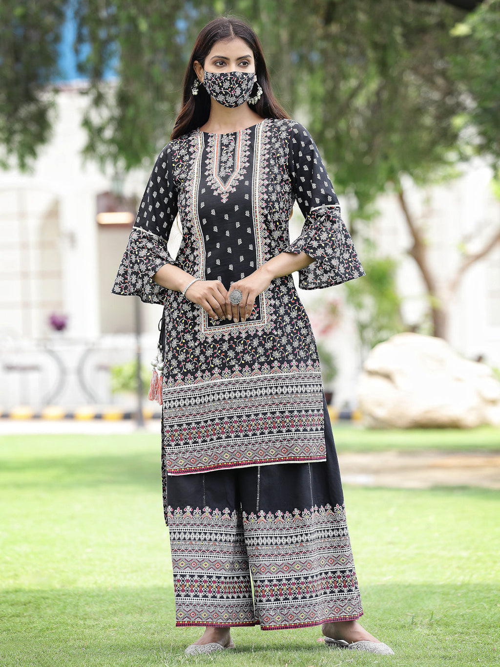 Juniper Womens Black Cambric Multicolor Placement Printed Kurta Palazzo Set - Distacart