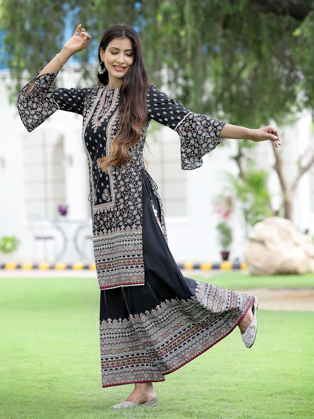 Juniper Womens Black Cambric Multicolor Placement Printed Kurta Palazzo Set - Distacart