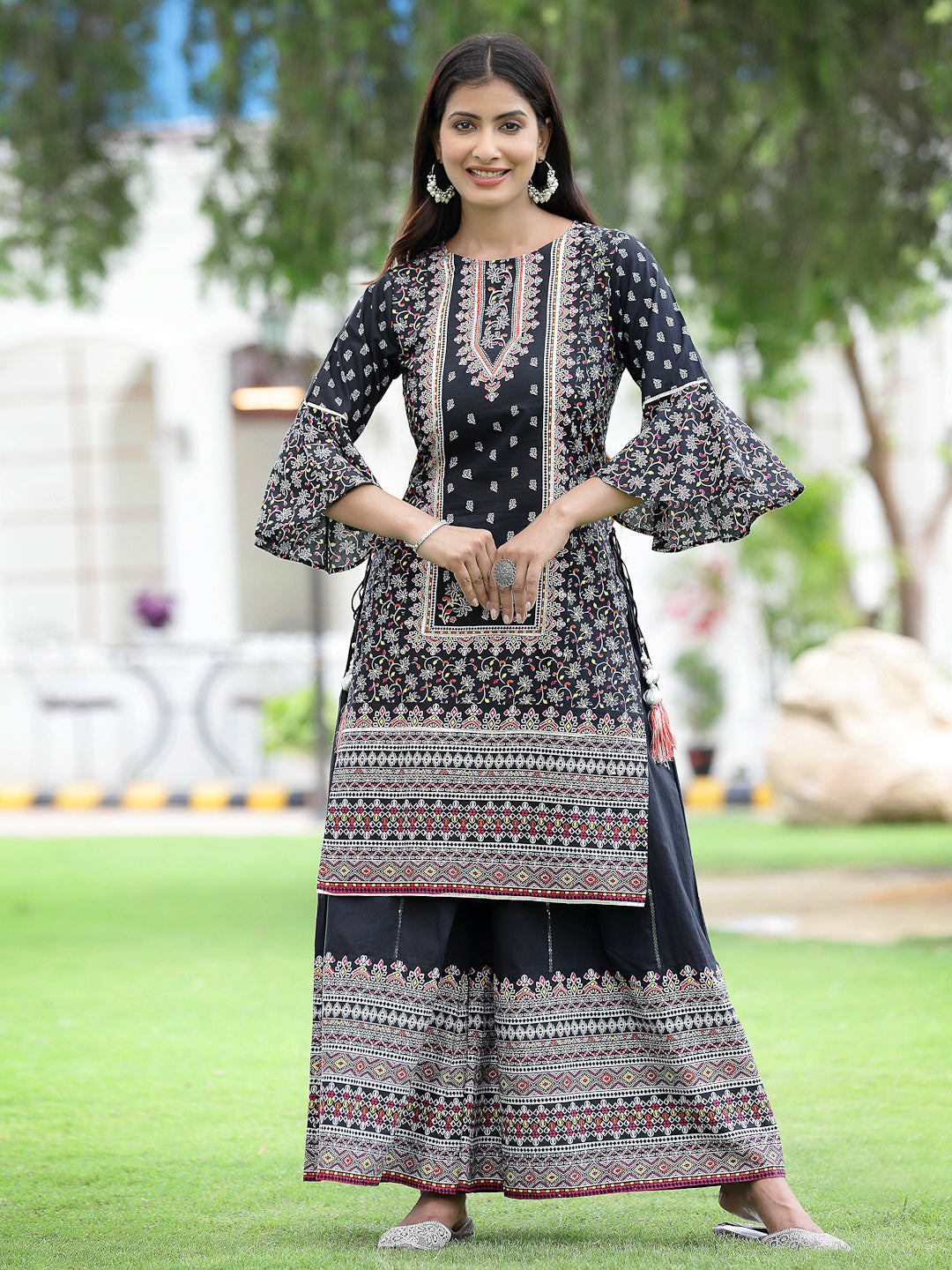 Juniper Womens Black Cambric Multicolor Placement Printed Kurta Palazzo Set - Distacart