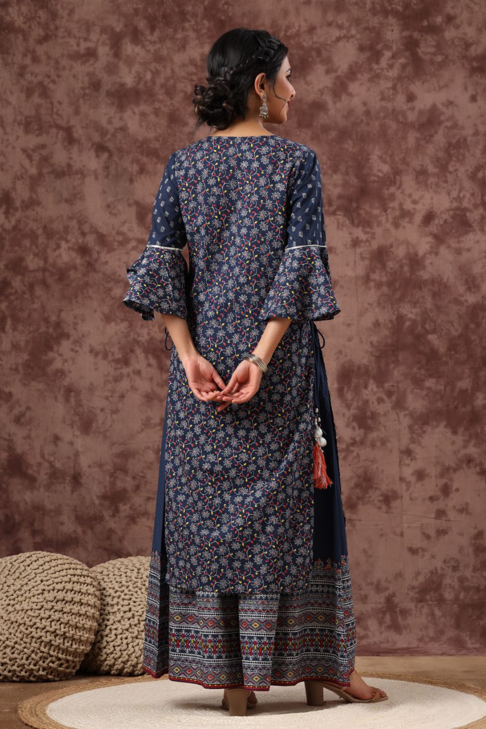 Juniper Womens Indigo Cambric Multicolor Placement Printed Kurta Palazzo Set - Distacart
