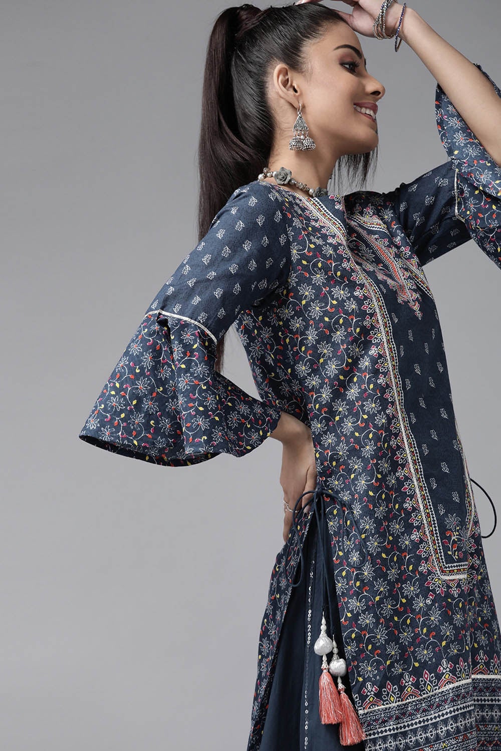 Juniper Women's Indigo Cambric Printed High-Low Kurta Sets - Distacart