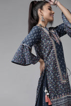 Juniper Women's Indigo Cambric Printed High-Low Kurta Sets - Distacart