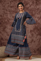Juniper Womens Indigo Cambric Multicolor Placement Printed Kurta Palazzo Set - Distacart