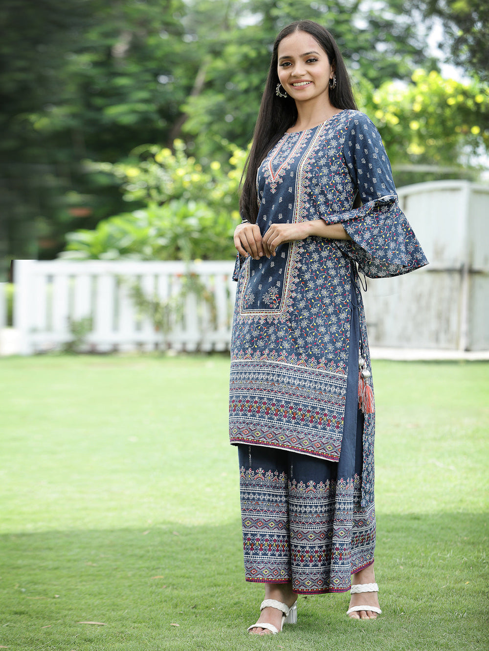 Juniper Women's Indigo Cambric Printed High-Low Kurta Sets - Distacart