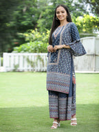 Juniper Women's Indigo Cambric Printed High-Low Kurta Sets - Distacart