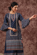 Juniper Womens Indigo Cambric Multicolor Placement Printed Kurta Palazzo Set - Distacart