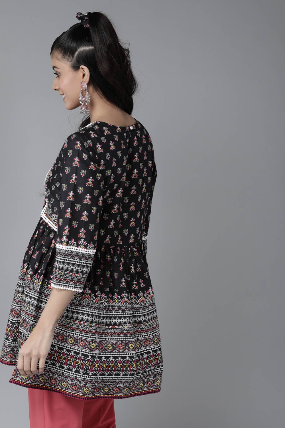 Juniper Black Ethnic Motif Printed Pure Cotton Peplum Tunic With Lace Work