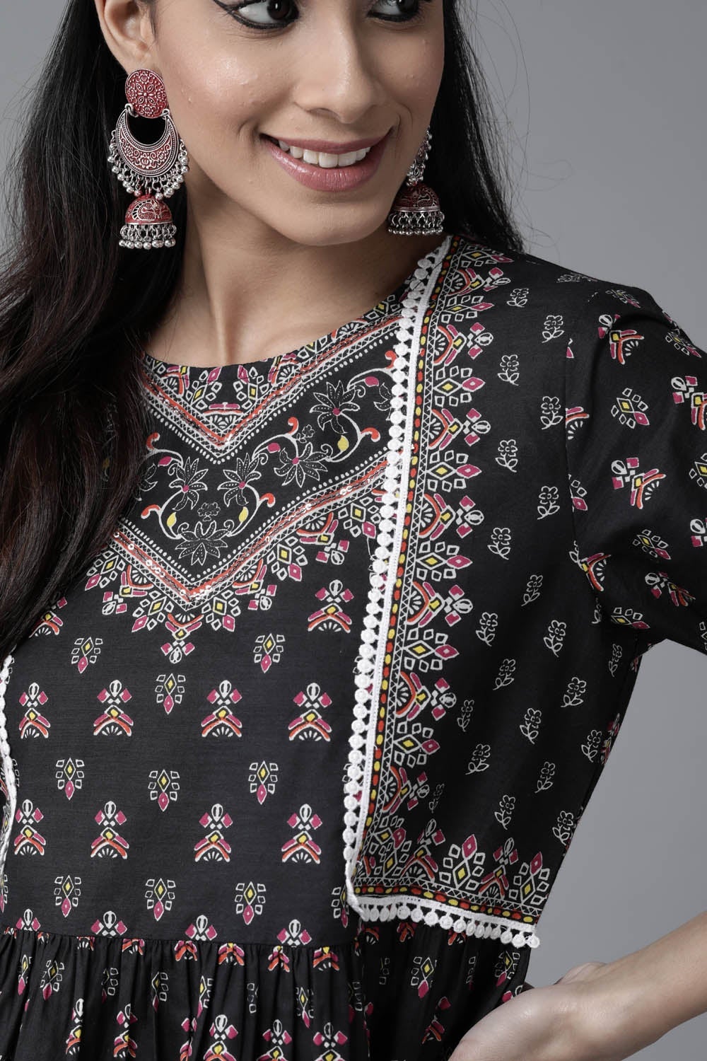 Juniper Black Ethnic Motif Printed Pure Cotton Peplum Tunic With Lace Work