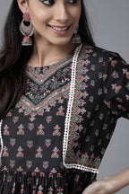 Juniper Black Ethnic Motif Printed Pure Cotton Peplum Tunic With Lace Work