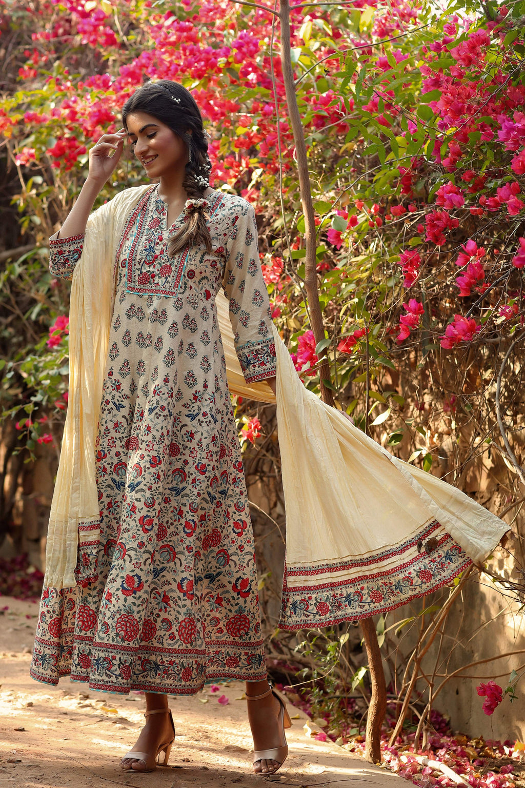 Juniper Women Beige Cambric Printed Flared Dress - Distacart