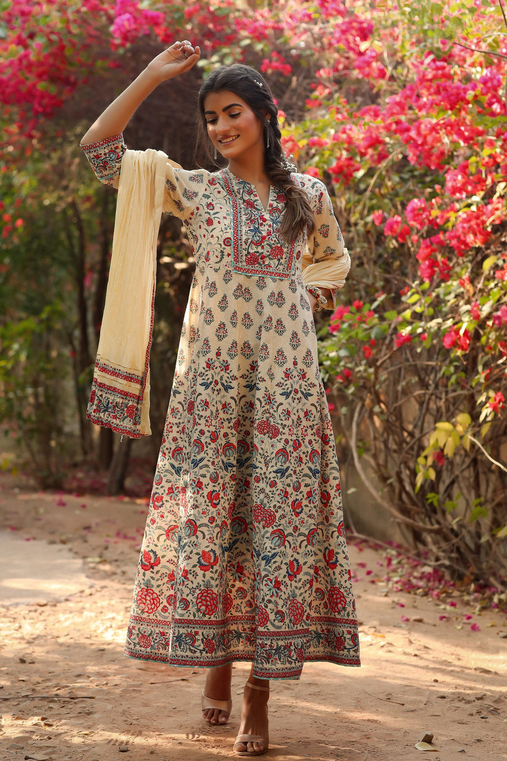 Juniper Women Beige Cambric Printed Flared Dress - Distacart