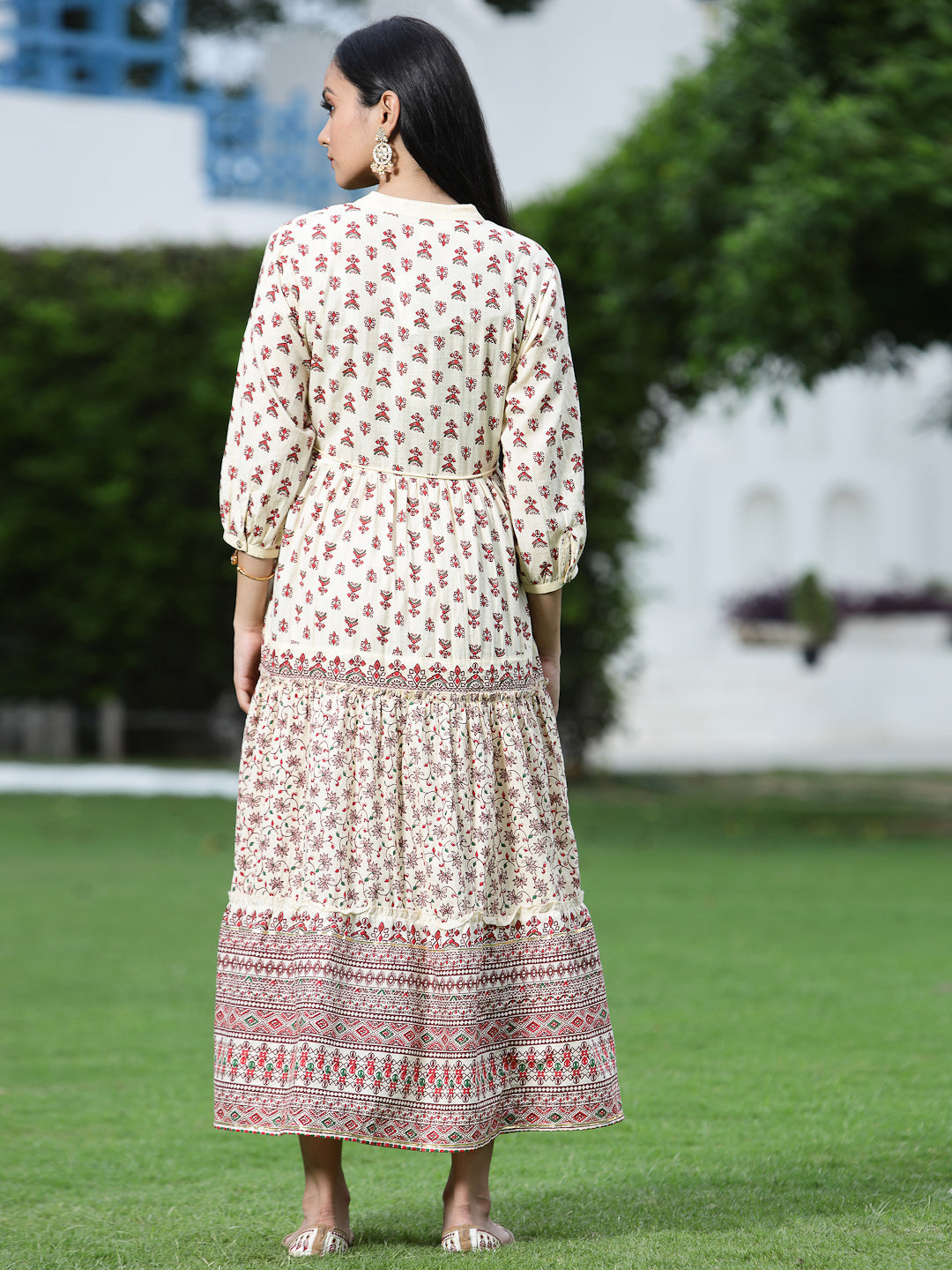 Juniper Women Cream Cambric Printed Tiered Dress - Distacart