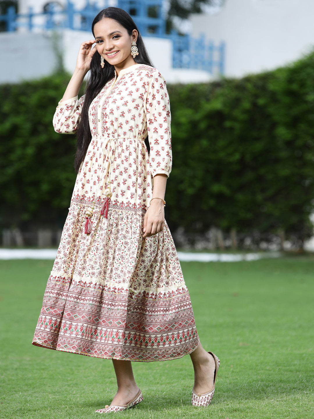 Juniper Women Cream Cambric Printed Tiered Dress - Distacart