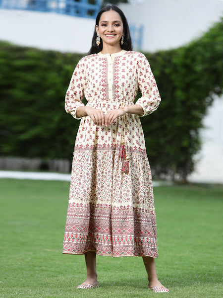 Juniper Women Cream Cambric Printed Tiered Dress