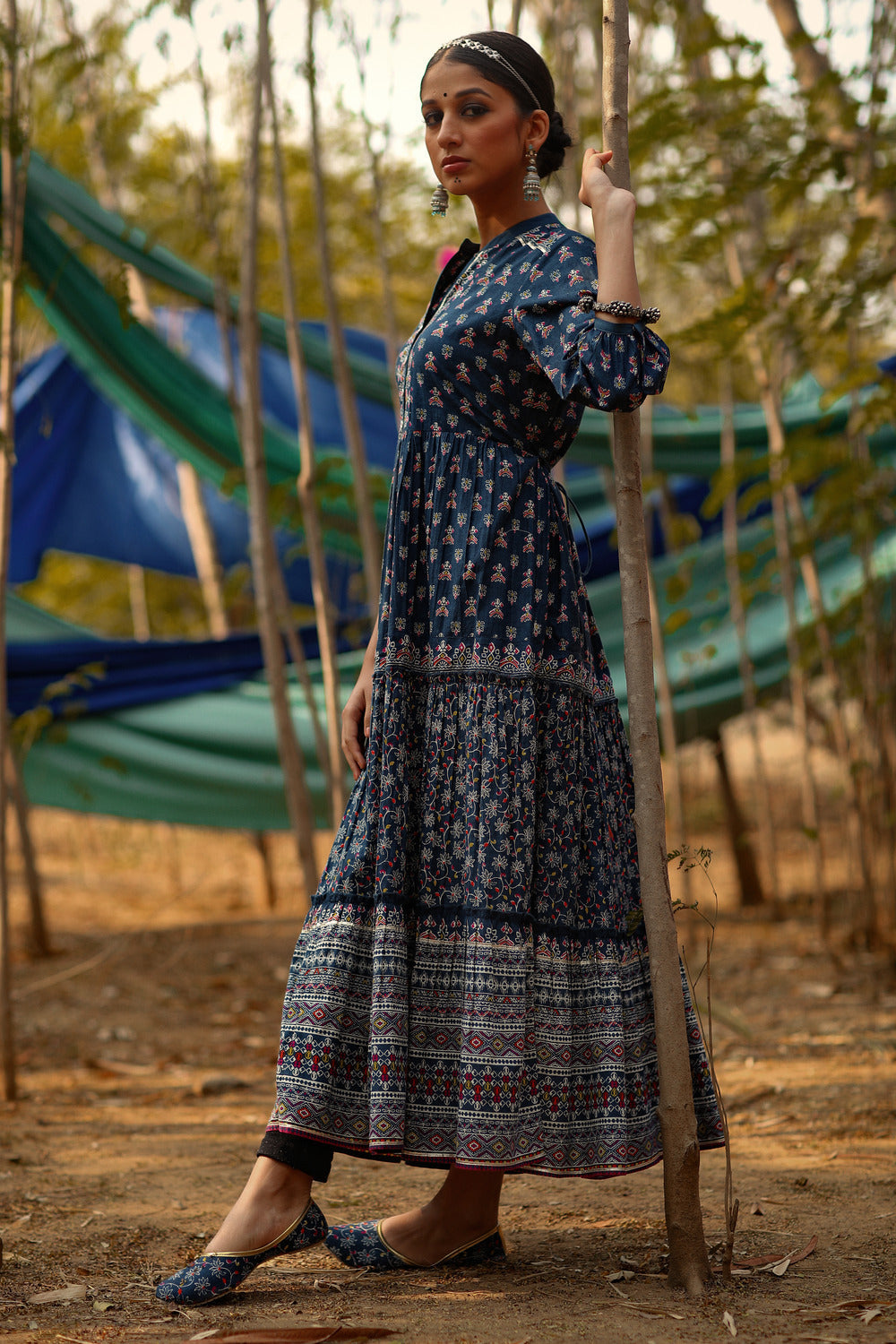 Juniper Indigo Ethnic Motif Printed Pure Cotton Tiered Maxi Dress - Distacart