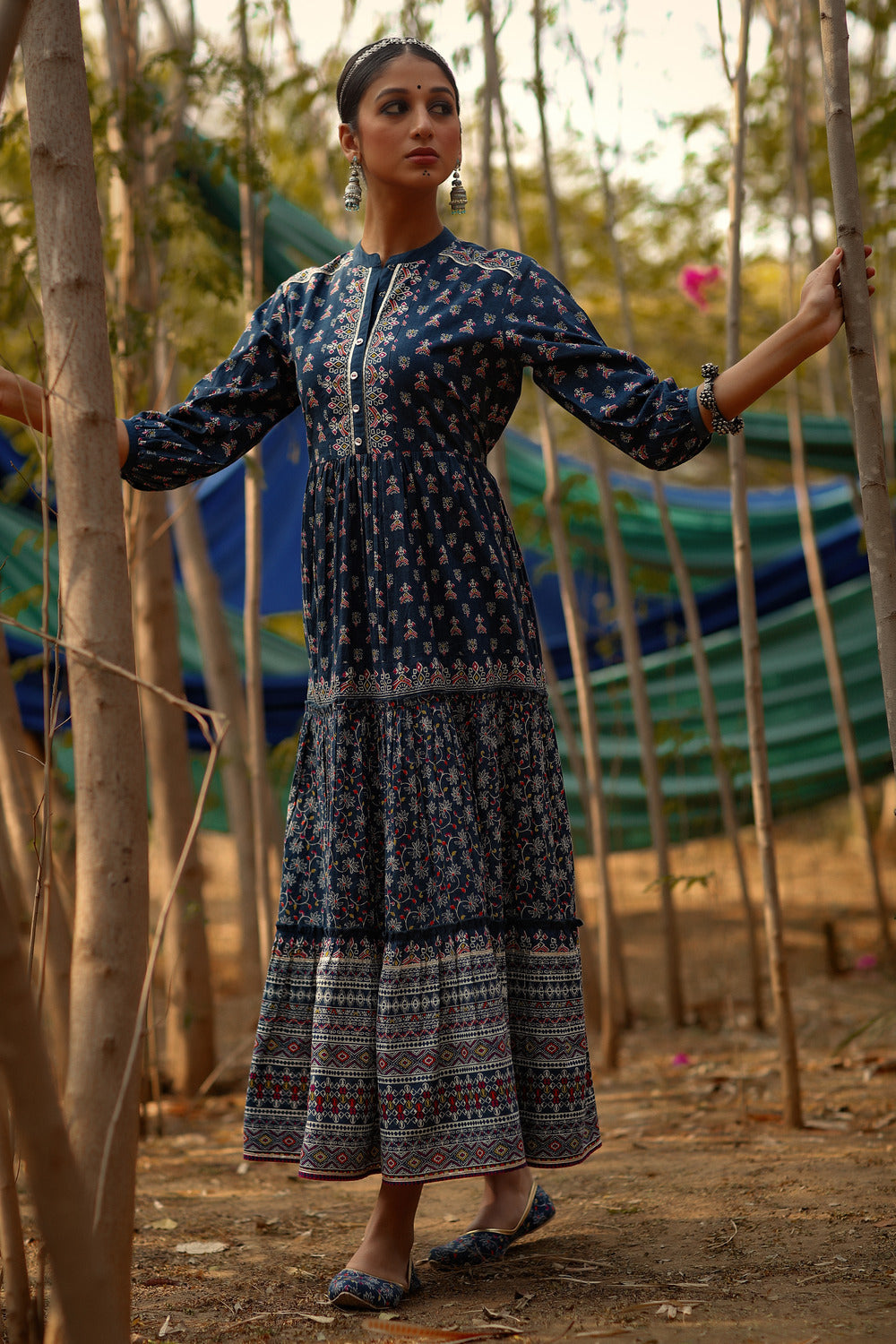 Juniper Indigo Ethnic Motif Printed Pure Cotton Tiered Maxi Dress - Distacart