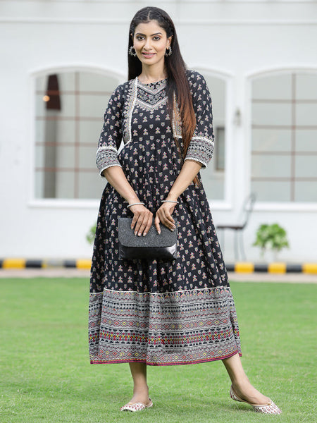 Juniper Women's Black Cambric Printed Anarkali Dress