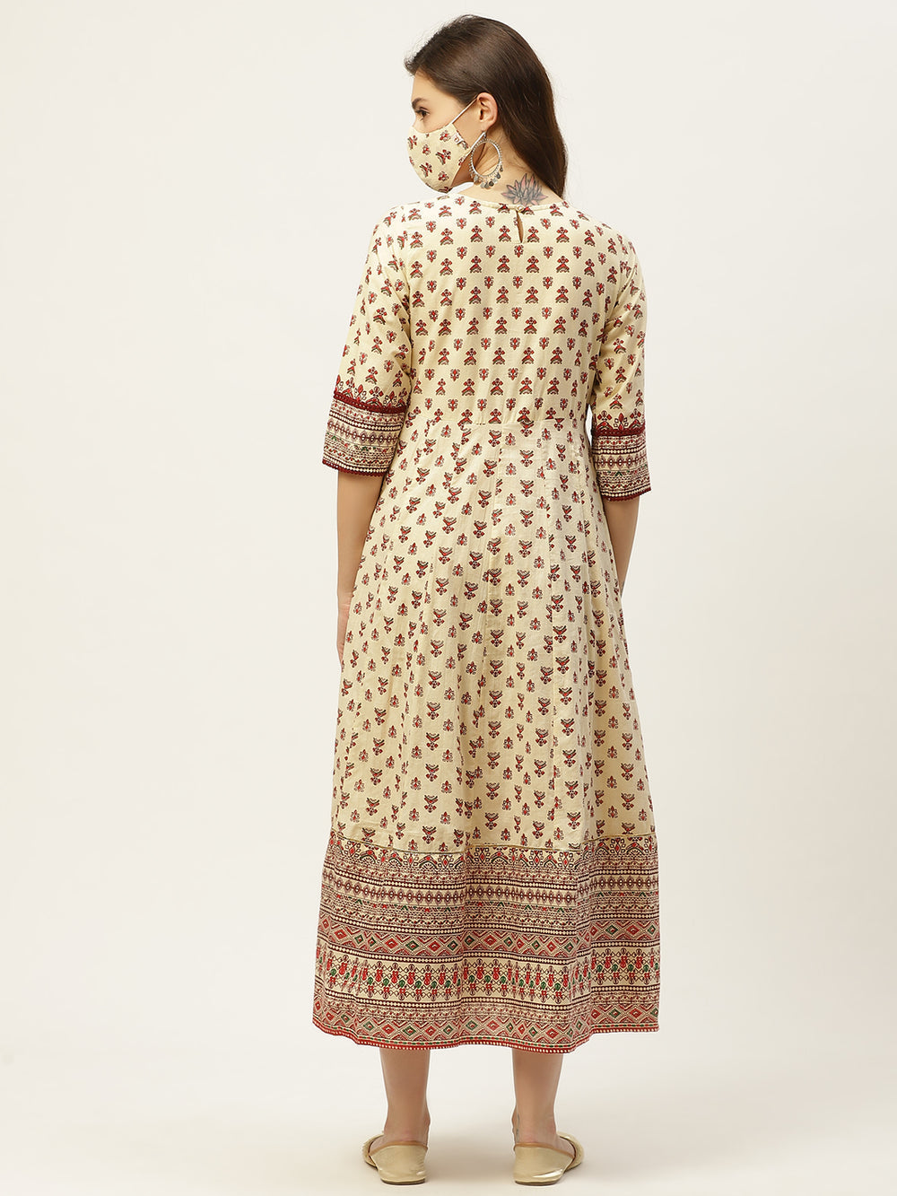Juniper Women's Cream Cambric Printed Anarkali Dress - Distacart
