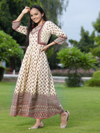 Juniper Women's Cream Cambric Printed Anarkali Dress - Distacart