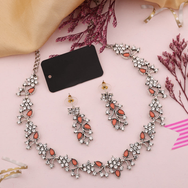 Tehzeeb Creations Silver Pleated White Diamond With Orange Beads Necklace Set