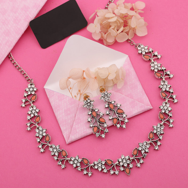 Tehzeeb Creations Silver Pleated White Diamond With Orange Beads Necklace Set