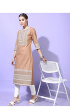Maai Rayon Hand Printed Kurta Beige - Distacart