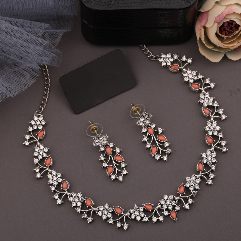 Tehzeeb Creations Silver Pleated White Diamond With Orange Beads Necklace Set
