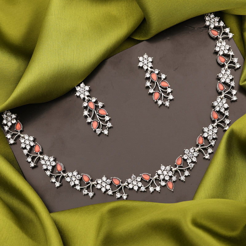 Tehzeeb Creations Silver Pleated White Diamond With Orange Beads Necklace Set