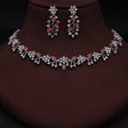 Tehzeeb Creations Silver Pleated White Diamond With Orange Beads Necklace Set