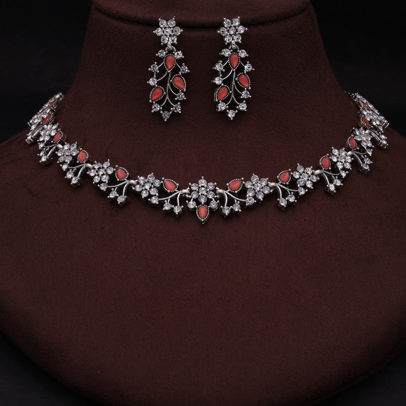 Tehzeeb Creations Silver Pleated White Diamond With Orange Beads Necklace Set