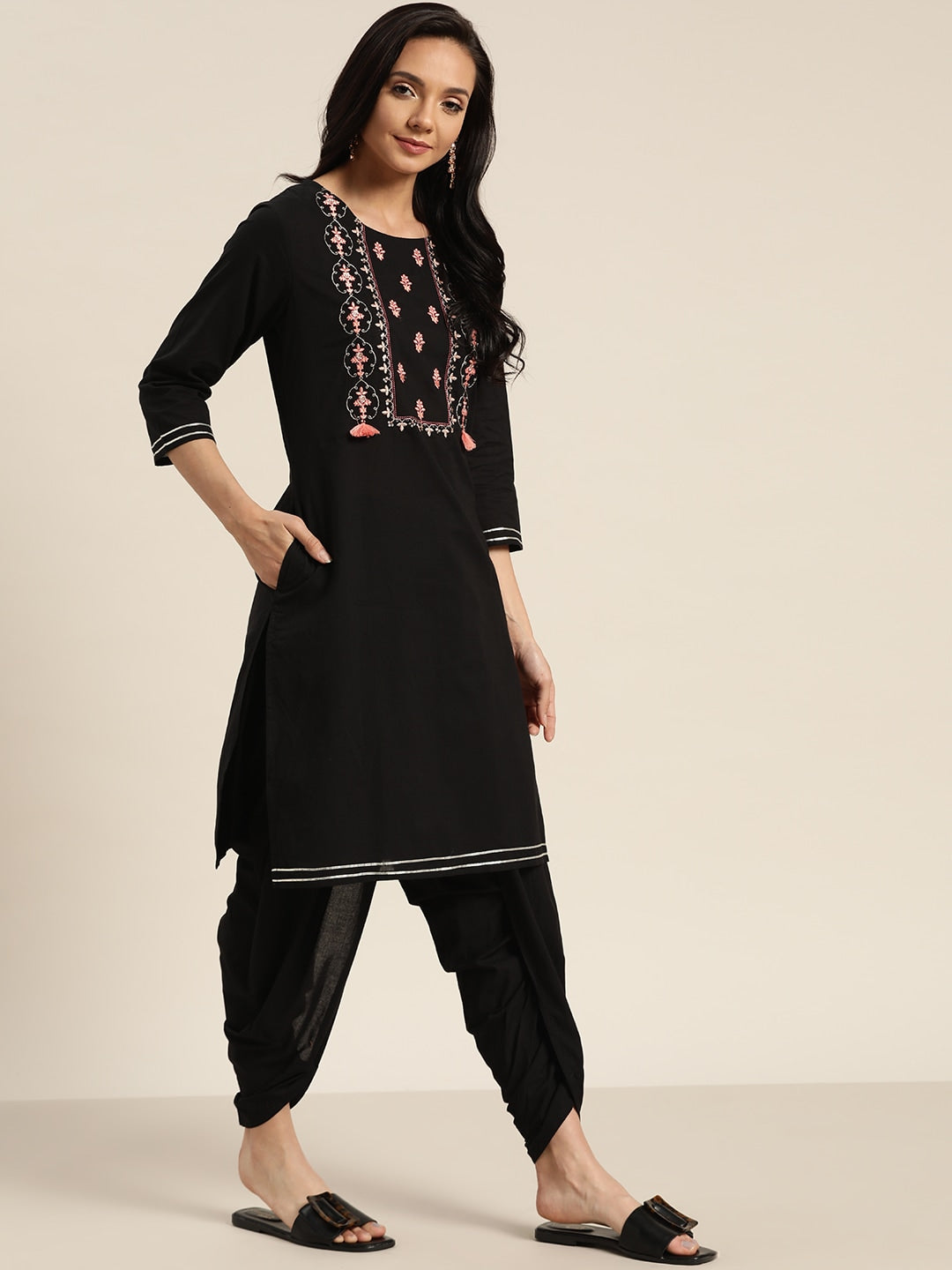 Sangria Women Black & Peach-Coloured Cotton Embroidered Straight Kurta with Dhoti Pants