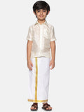 Sethukrishna Boys Cream-Coloured & Gold-Toned Shirt with Dhoti Set