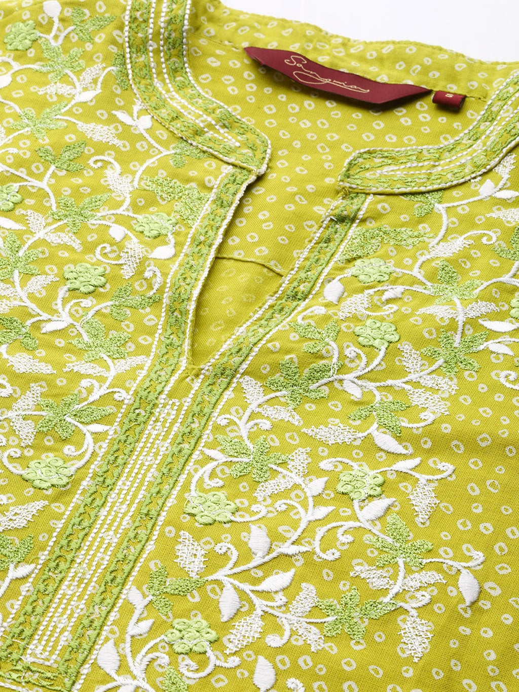 Sangria Women Lime Green Floral Embroidered Thread Work Pastels Kurta