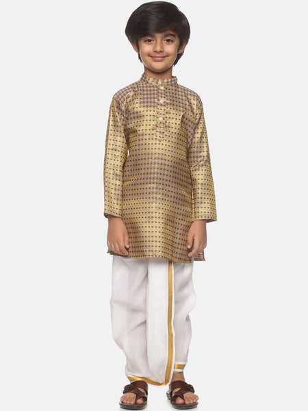 Sethukrishna Boys Gold-Toned Printed Angrakha Kurta with Dhoti Pants