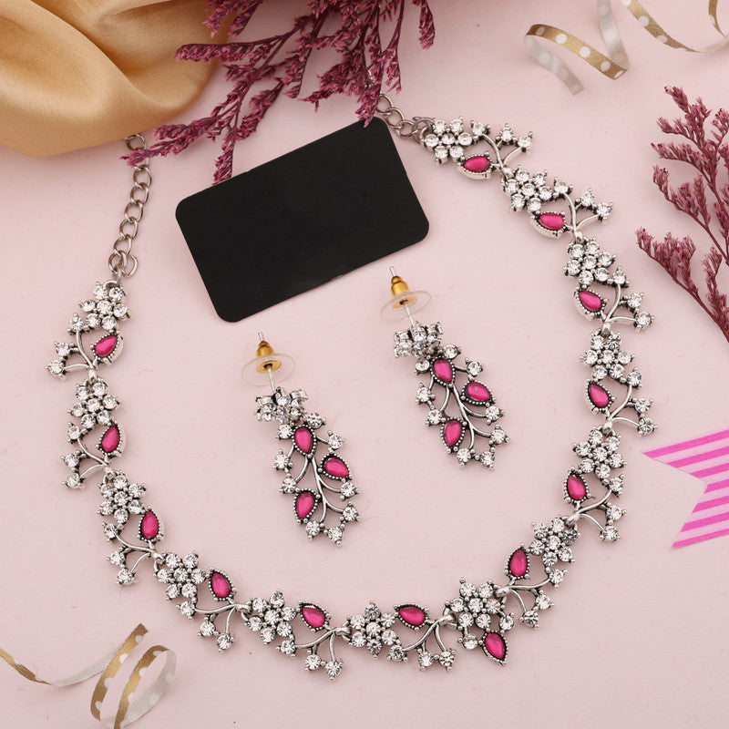 Tehzeeb Creations Silver Pleated White Diamond With Pink Beads Necklace Set