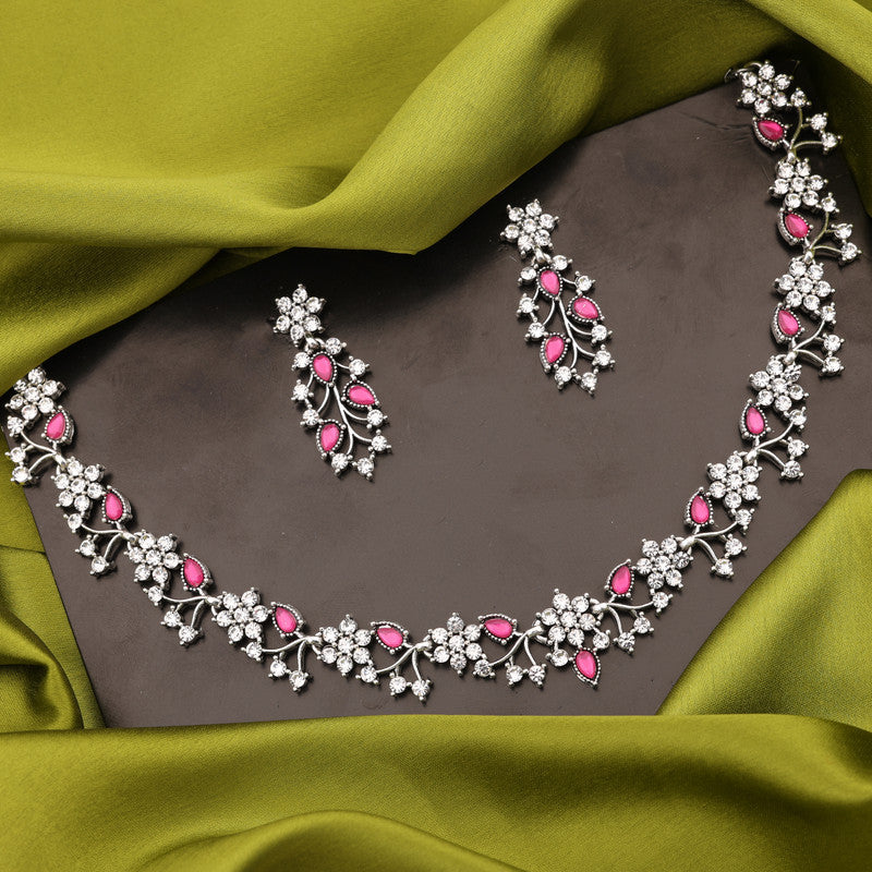 Tehzeeb Creations Silver Pleated White Diamond With Pink Beads Necklace Set