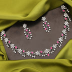 Tehzeeb Creations Silver Pleated White Diamond With Pink Beads Necklace Set