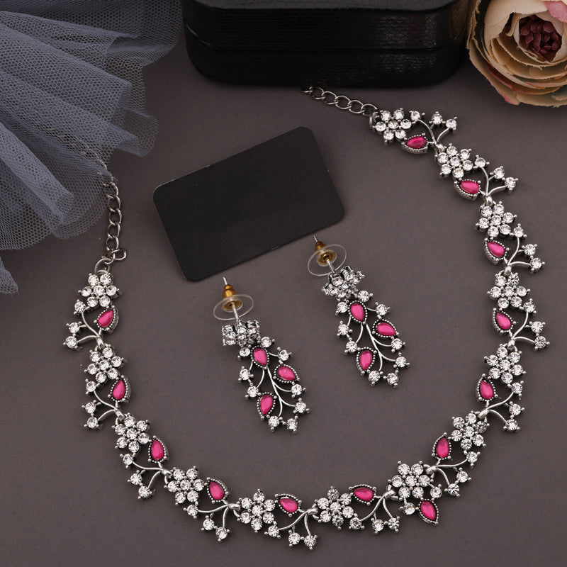 Tehzeeb Creations Silver Pleated White Diamond With Pink Beads Necklace Set