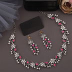 Tehzeeb Creations Silver Pleated White Diamond With Pink Beads Necklace Set