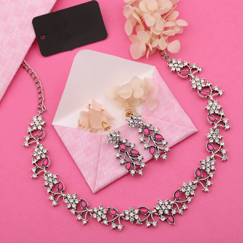 Tehzeeb Creations Silver Pleated White Diamond With Pink Beads Necklace Set