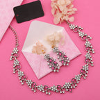 Tehzeeb Creations Silver Pleated White Diamond With Pink Beads Necklace Set
