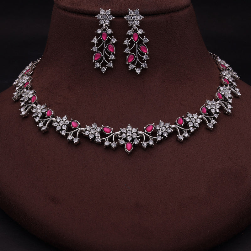Tehzeeb Creations Silver Pleated White Diamond With Pink Beads Necklace Set