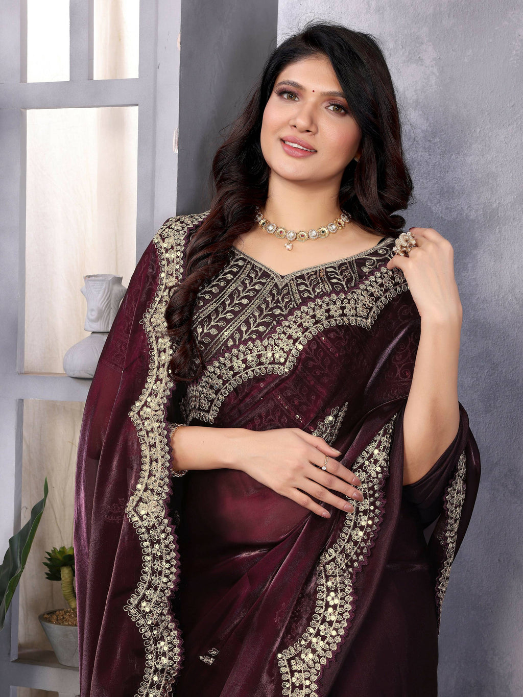 Vastranavya Wine Embroidery Work Shimmer Chiffon Saree with Unstitched Blouse - Distacart