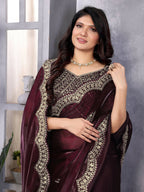Vastranavya Wine Embroidery Work Shimmer Chiffon Saree with Unstitched Blouse - Distacart
