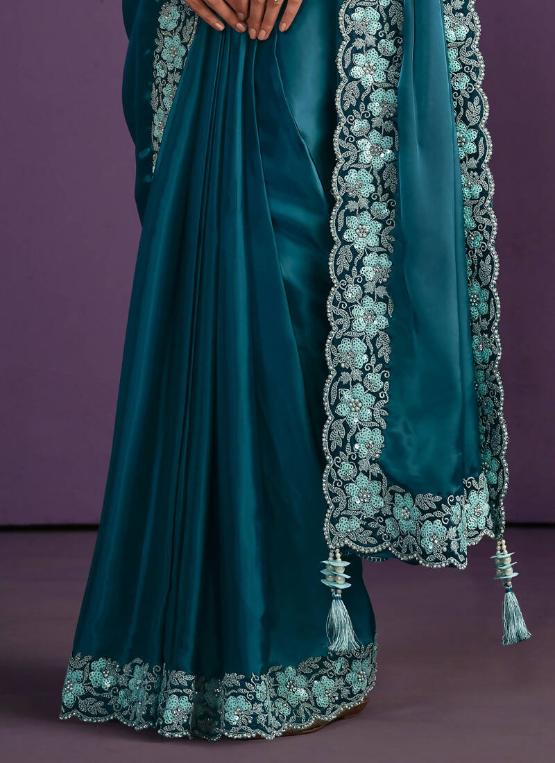 Light Blue Crepe Satin Silk Embroidered Saree With Stitched Blouse - Mohmanthan Exotica