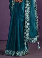 Light Blue Crepe Satin Silk Embroidered Saree With Stitched Blouse - Mohmanthan Exotica